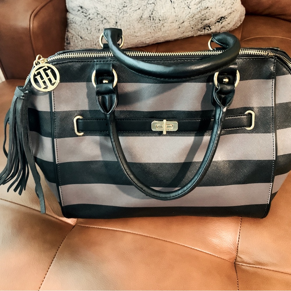 Tommy Hilfiger Helen Leather Handbag - Grey/Black Striped.